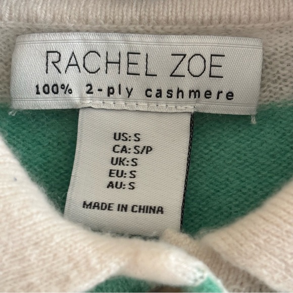Rachel Zoe Women’s 100% Cashmere Striped Polo Sweater Cropped Green White Size - Picture 2 of 13